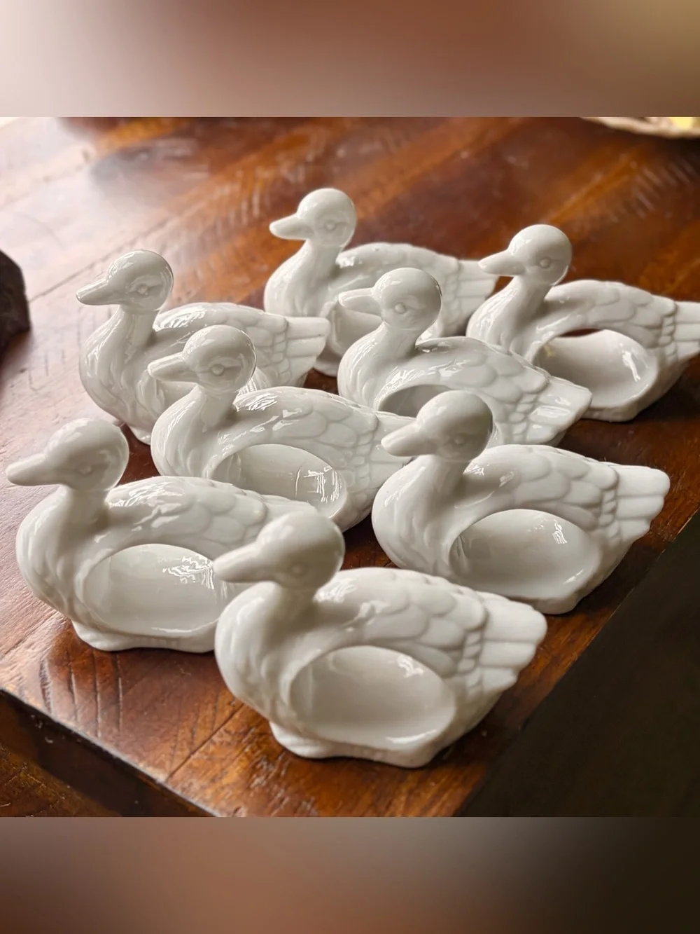 Vintage Cottagecore Kitchen Table Elegant White Ceramic Duck Napkin Rings Set x8